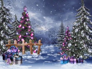Zimowy las ze świątecznymi prezentami i choinkami