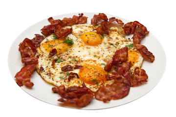 Ham and eggs on white