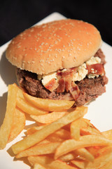 Looking down on a blue cheese burger