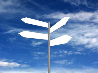Signpost on beautiful background of blue sky. 3D render.
