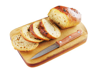 Sliced bread on a cutting board isolated on white background
