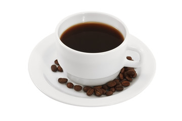 Coffee cup and saucer with roasted coffee beans