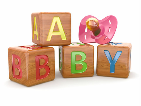 Baby from alphabetical blocks and dummy