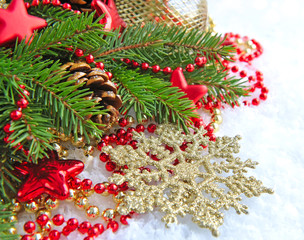 Fototapeta na wymiar Christmas decorations of bauble are with the branches of fir on