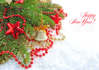 Christmas decorations of bauble are with the branches of fir on