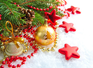 Christmas decorations of bauble are with the branches of fir on