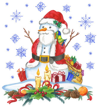 Snow man in Santa Claus dresses, watercolor