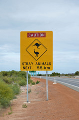 Kangaroo and Emu Warning Sign on Roadside