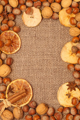  Christmas frame. Christmas spices and dried orange sliceson on 