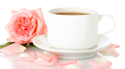 cup of tea with rose isolated on white