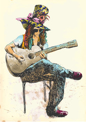 Joueur de guitare - Excentrique avec un chapeau coloré.