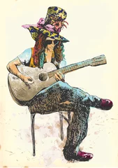 Papier Peint photo autocollant Groupe de musique Joueur de guitare - Excentrique avec un chapeau coloré.