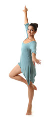 young beautiful dancer in a blue dress isolated on white