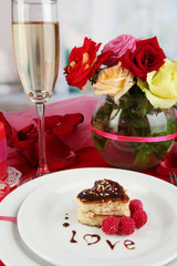 Table setting in honor of Valentine's Day on room background