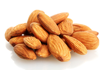 tasty almonds nuts, isolated on white