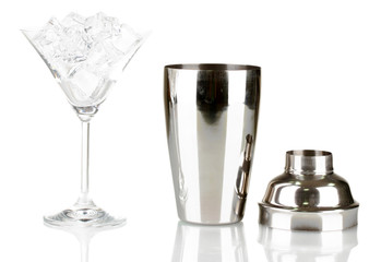 Cocktail shaker and cocktail glass isolated on white