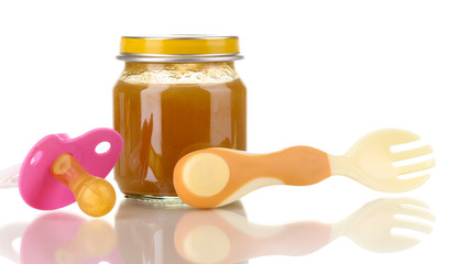 Useful and tasty baby food with beige small fork isolated