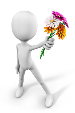 3d-man offering a bunch of flowers