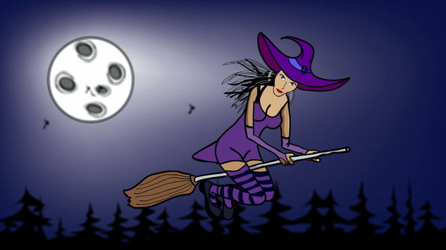 halloween witch flying at night on the background of moon