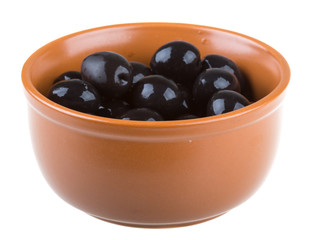 Olives black watered with olive oil in a bowl isolated on a whit