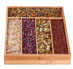 Set of beans, rice, lentils, spices for cooking in the kitchen,