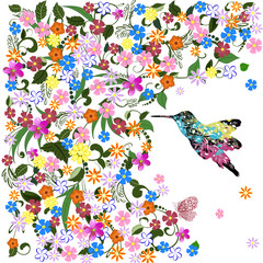 Art grunge floral pattern with bird