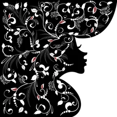 Zelfklevend Fotobehang Bloemenmeisje Bloemen kapsel, silhouet van het vrouwengezicht voor uw ontwerp