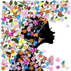 Crédence de cuisine en verre imprimé Femme fleurs Coiffure florale, fille et papillon