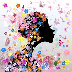 Peel and stick wall murals Flowers women Floral hairstyle, girl and butterfly