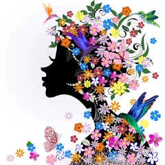 Foto op Plexiglas Bloemen kapsel, meisje en vlindervogel © Aloksa