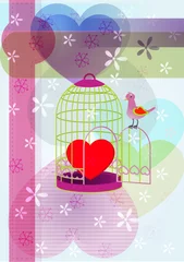Papier Peint photo Lavable Oiseaux en cages coeur et cage