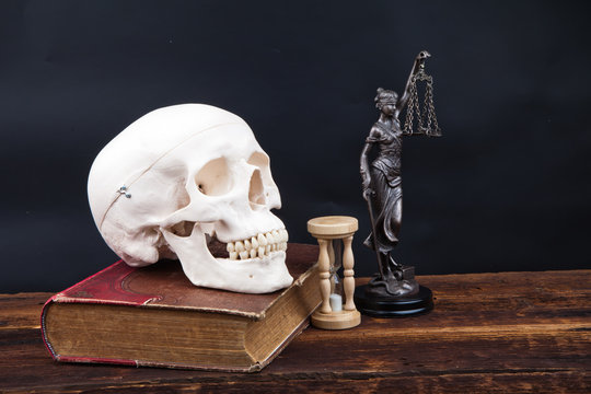 old book human scull and temida statue