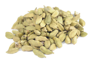 Pile of Green Cardamom (Cardamon) Pods Isolated on White