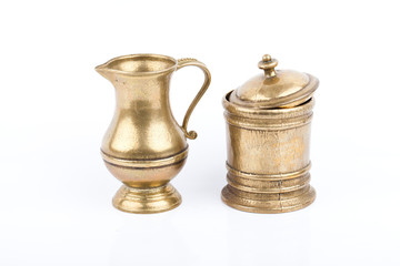 Antique Hammered Brass pots isolated on white