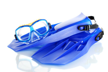 blue flippers and mask isolated on white.