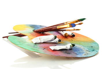 acrylic paint, paint tubes and brushes