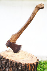 Image of the axe in a log over white background