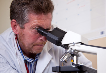 Scientist works with microscope