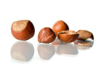 Three hazelnuts Isolated on white background