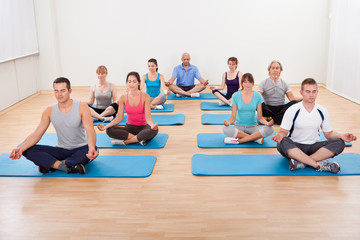 Group of people practicing yoga meditating