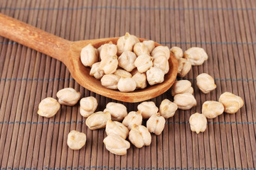 White chickpeas over  wooden spoon on color background