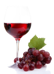glass of wine and grapes, isolated on white