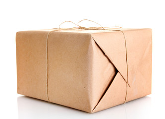 parcel box with kraft paper, isolated on white