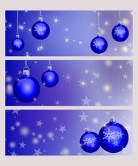 Drei Weihnachtskarten in Blau mit Christabaumkugeln