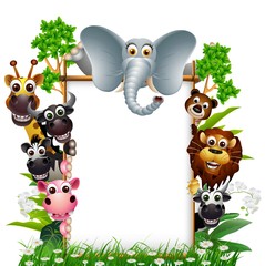 funny animal cartoon with blank sign and tropical forest