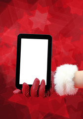 Woman's hand with red glove holding a tablet pc