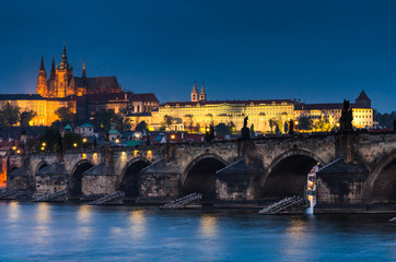 Charles Bridge and Prague Castle in nigth view