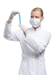 Woman doctor in respirator hands vial, isolated on white