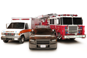 First responder vehicles, on a  white background