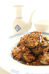 chinese cuisine, egg plant and mince pork stir fried